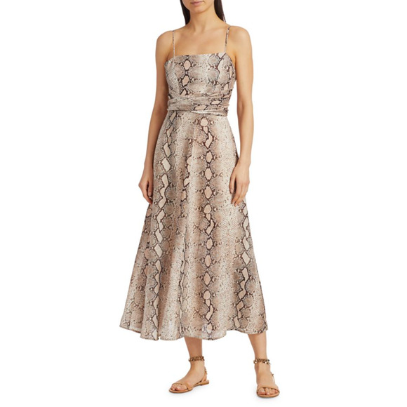 Zimmermann 3 Bellitude $640 LINEN Python Snake Print Midi Dress Neutral Tan 10 L - Picture 13 of 16
